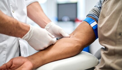 Obraz premium Medical professional drawing blood from patient's arm.