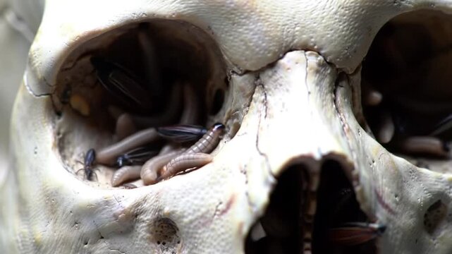 Skull Infestation: Maggots and Insects Crawling in Eye Sockets and Nasal Cavity