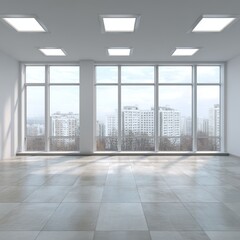 An empty office space, with large windows revealing a cityscape and modern overhead lighting