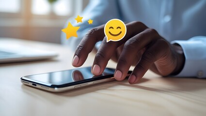 Close up of a person s hands using a smartphone with a happy emoji overlay signifying positive online interaction and communication