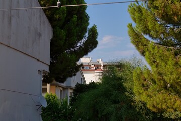 A landscape shot with some foliage framing a building in Icmeler - Marmaris - Mugla - Turkey