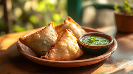 Golden Samosas Served with Green Chutney on a Wooden Table