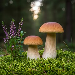 Forest mushrooms, Porcini Pair Among Heather in Forest.
