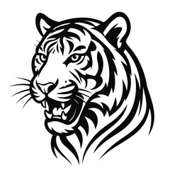 Fototapeta premium Fierce roaring tiger head vector. Stylized black and white big cat mascot for a sports logo or tattoo, isolated on a white background.
