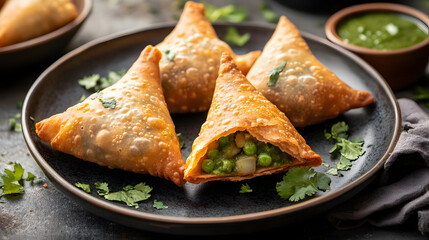 Golden Samosas with Pea Filling Served on a Dark Plate