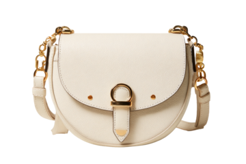 Cream-colored, round crossbody bag with gold hardware