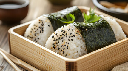 Sushi Rolls with Seaweed and Sesame Seeds in a Bamboo Box