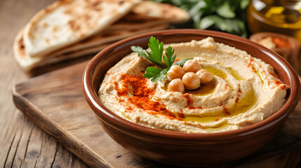 A bowl of creamy hummus garnished with chickpeas, paprika, and parsley, served with pita bread on a wooden table.