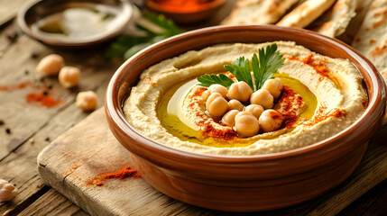 A bowl of creamy hummus garnished with chickpeas, olive oil, and parsley on a rustic wooden table