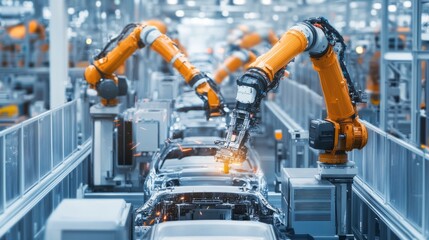 Fototapeta premium Advanced robotic arms in a modern car manufacturing plant assembling vehicle components with precision automation, showcasing futuristic industrial robotics and high-tech automotive production line te
