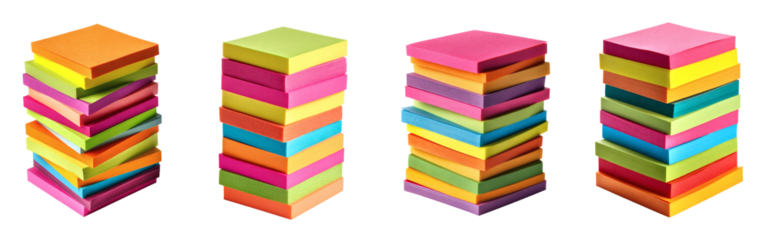 Colorful stacked sticky notes, vibrant hues, organized workspace inspiration, office supplies, creativity and productivity, stationery, PNG set Transparent background