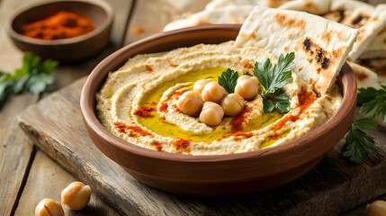 A bowl of creamy hummus garnished with chickpeas, parsley, and olive oil, served with pita bread on a rustic wooden table.