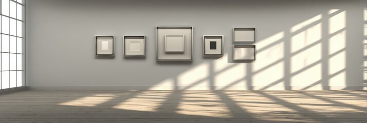 Modern Art Gallery Interior With Framed Artworks and Sunlight Casting Interesting Shadows on the Wooden Floor