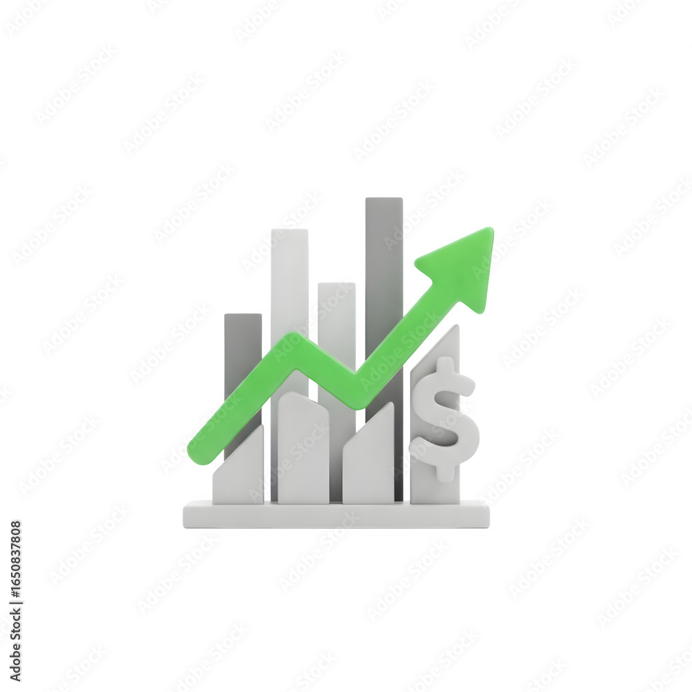 Poster 3d icon of 3d financial bar chart with upward arrow and dollar sign, isolated on transparent backgro
