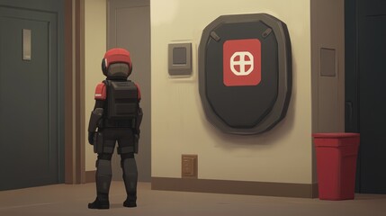 Stylized Interior Scene with Security Guard Facing Emergency Equipment on a Wall stylized
