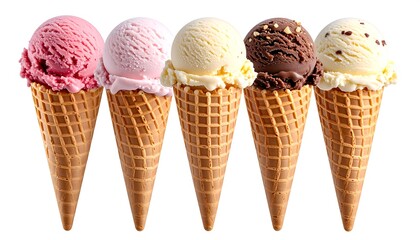 Five Ice Cream Cones with Flavors, and Sweet Treat.