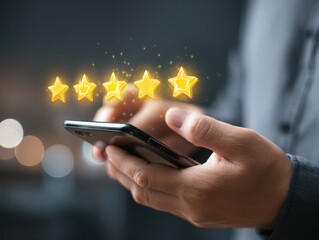 Customer using smartphone to provide five star product review with thumb up icon.Online feedback and satisfaction survey reflect service quality,Building trust,Improving digital brand reputation