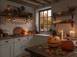 Obraz premium Cozy autumn kitchen decorated for halloween with carved pumpkins and glowing candles