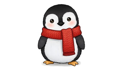 Naklejka premium Adorable cartoon penguin wearing a cozy red knitted scarf, isolated on white background