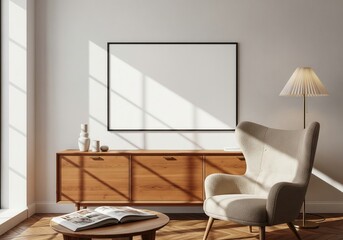 Cozy Living Room with Blank Frame: Sunlight streams into a modern living space, highlighting a blank frame, an armchair, and a stylish console, inviting artistic expression and design potential. 