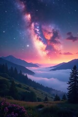 Cosmic misty landscape with Andromeda galaxy in the distance, space, astronomical