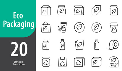 Eco Packaging Line Icons Set, Sustainable Materials, Recyclable Products, Zero Waste, Green Design, Editable Formats: AI, EPS, PNG, Ideal for Both Digital and Print Use
