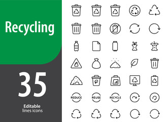 Recycling Line Icons Set, Waste Management, Eco Friendly Lifestyle, Reuse and Reduce, Circular Economy, Editable Formats: AI, EPS, PNG, Ideal for Both Digital and Print Use
