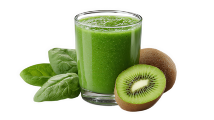 Green smoothie with spinach leaves and fresh kiwi, vibrant healthy drink rich in vitamins, refreshing and nutritious, perfect for breakfast or snack, isolated on transparency background