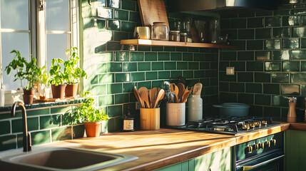 Sunlit Kitchen with Green Tiles and Wooden Countertops