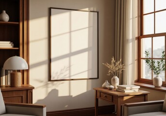 Modern interior with blank frame: A sunlit corner of a modern interior, featuring an empty picture frame, inviting you to envision your own art or message. The scene radiates warmth and minimalism.