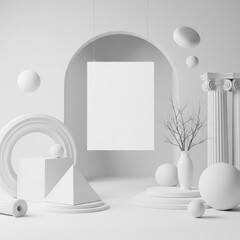 Minimalist Art Display: A striking composition of geometric shapes and classical elements creates an elegant space. A pristine backdrop for artistic presentation.