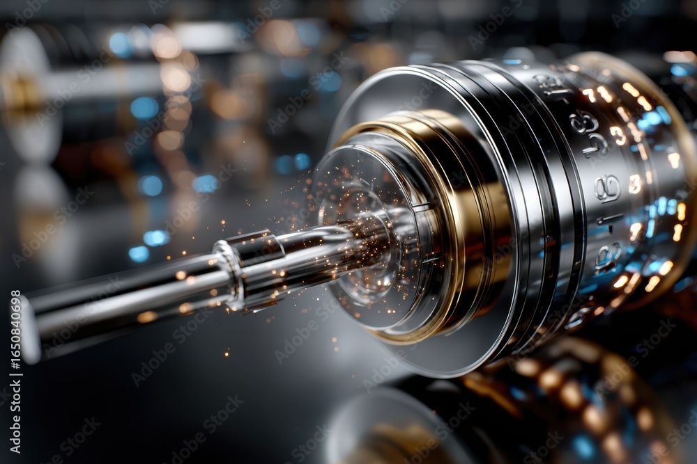 Poster exploring the intricate design of a futuristic mechanical device near twinkling lights