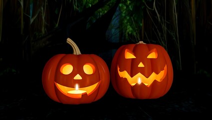 Fototapeta premium Two glowing carved halloween pumpkins with spooky faces in the dark