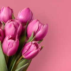 Obraz premium A captivating composition of vibrant pink tulips against a matching pink backdrop, evoking a sense of freshness and floral beauty.