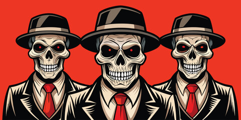 Three skeletons wearing suits and hats on a red background