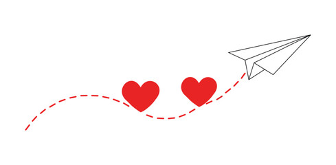 Romantic hearts flight, flat vector illustration of two red hearts connected by dotted line with paper airplane symbolizing love travel connection and message of affection