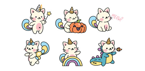 Magical unicorn characters, colorful cartoon vector illustration with rainbow pumpkin and cute unicorns for children fantasy design toys and decorative seamless pattern