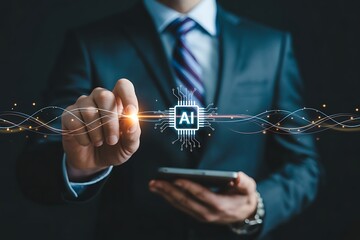 Business professional activating AI technology with digital interface, innovation concept with futuristic design