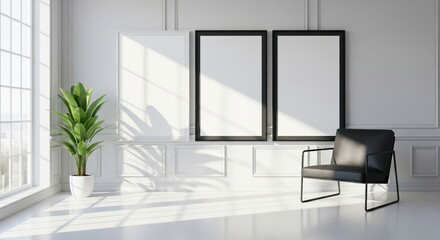 Serene Modern Interior: An inviting, sun-drenched room with a sleek design showcases an empty frame, a lush green plant, and a comfortable chair.