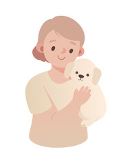 pastel illustration of a child holding a small puppy, muted soft brown and cream tones, minimal, front view