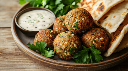 Falafel Balls with Tahini Sauce and Pita Bread on a Wooden Plate
