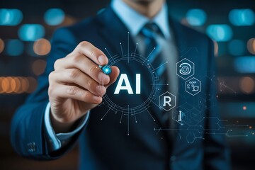 Businessman interacting with AI interface, highlighting innovation and futuristic technology for business success