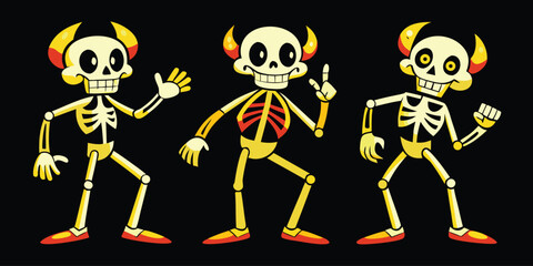 Three cartoon skeletons with horns and glowing eyes on a black background