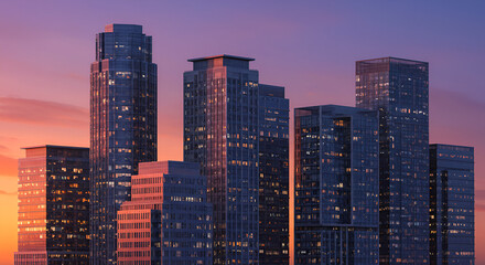 Dramatic cityscape at sunset showcasing modern architecture and urban environment