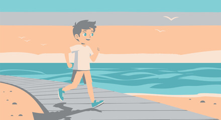 Illustration of a young man enjoying a healthy morning run on a scenic beachside boardwalk with the ocean in the background