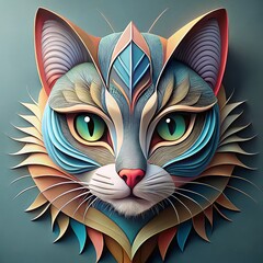 Detailed paper art cat face illustration with layered cut-out colored paper design, symmetrical handcrafted 3D style, modern playful look on soft background