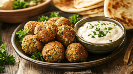 Falafel Balls with Tzatziki Sauce and Pita Bread on a Rustic Wooden Table