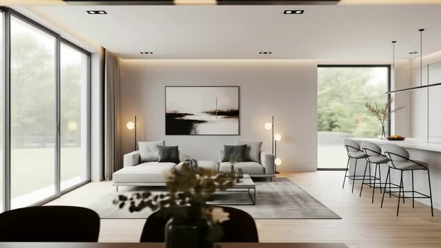 Modern Minimalist Interior: Living Room and Kitchen Design, Elegant Home