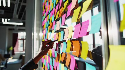 This video shows a creative brainstorming session in an office, where a person writes on colorful sticky notes covering a wall. Ideas are being organized and visualized for teamwork and planning.