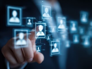 Human resource management technology (HR), Human resource manager touching human resource network structure and checks the CV online to choose the perfect employee for company, Effective recruitment.